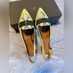 Chie Mihara Heylo Yellow and Brown Snakeskin pattern low heels